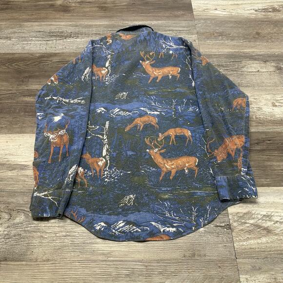 Vintage 60s 70s Fruit Of The Loom‎ Deer Blue Mens L Hunting Button Shirt Novelty - Picture 3 of 8